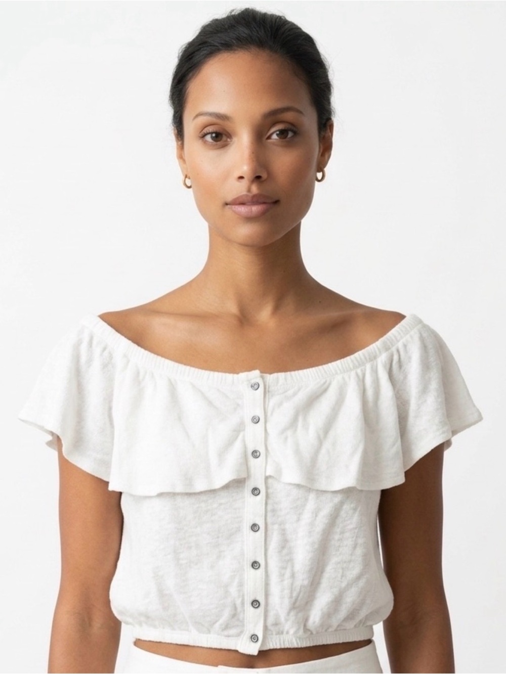 We The Free White Off-Shoulder Ruffle Button Top
